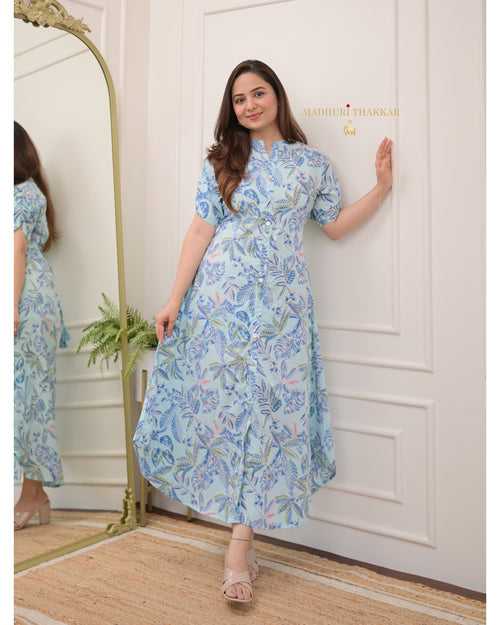 Sky Blue Leaf A Line Cotton Dress