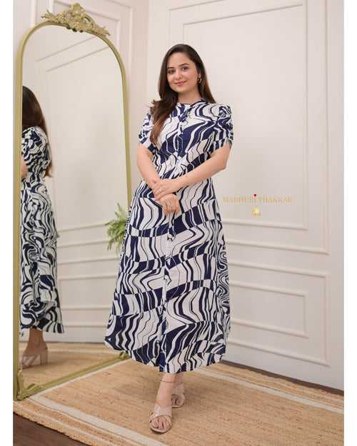 Navy Blue Abstract Cotton A Line Dress