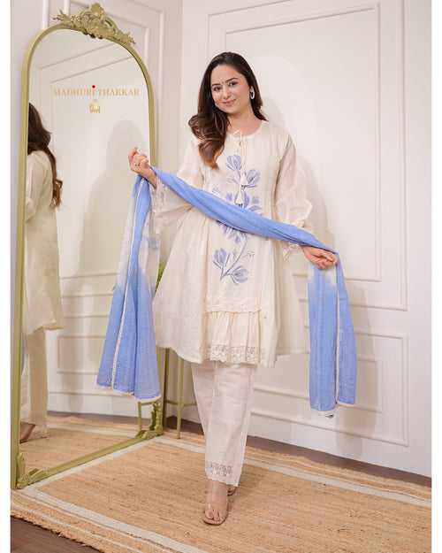 Ivory Blue A Line Handwork Pakistani Suit