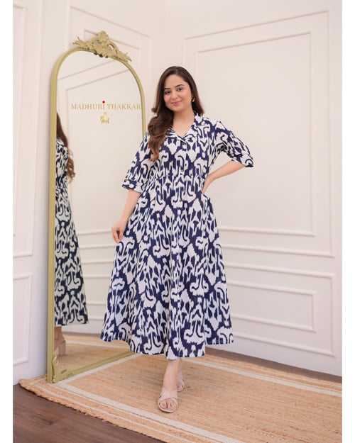 Navy Blue Ikat Cotton A Line Dress