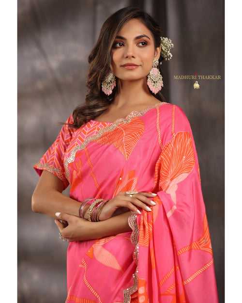 Pink Botanical Muslin Saree With Scallop Mirror Work