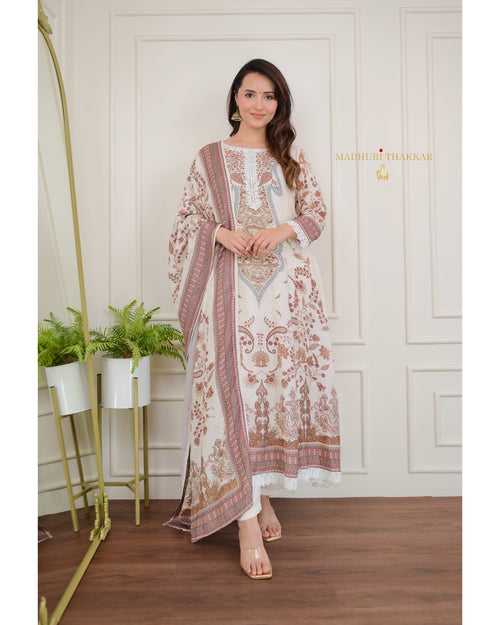 Ivory Pakistani Printed Muslin Anarkali Suit