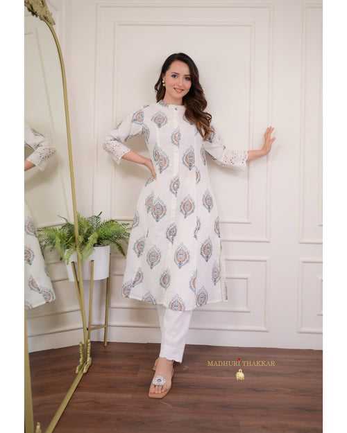 Ivory Blue A Line Cotton Kurta Set