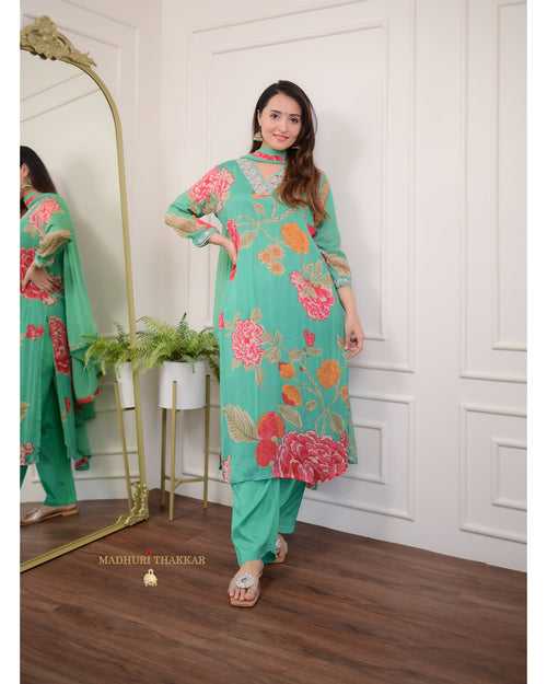 Green Embroidered Chinnon Suit