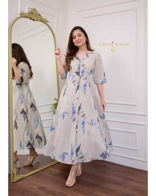 Ivory Blue Botanical Cotton A Line Dress