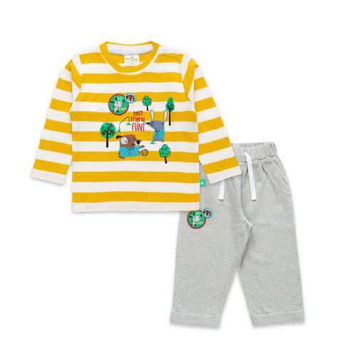 Baby Boys Striped & Graphic Printed T Shirt And Solid Jogger Pant