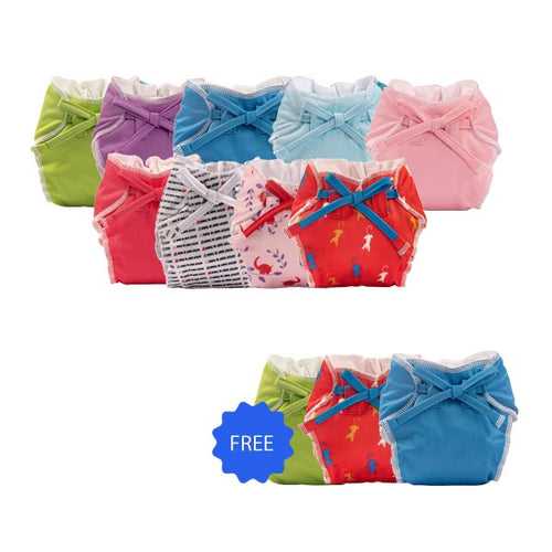 Smart Nappy Newborn Baby Cloth Diaper with Size Adjustable Band | Reusable & Washable Diaper | Leak Proof - Dry Feel - Rash Free Smart Langot | 0 to 6 months - Pack of 9 Smart Nappy + Get 3 Smart Nappy)