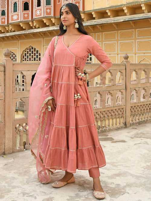 Coral Cotton Solid Kurta with Pant and Dupatta