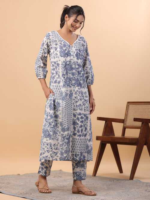 Off White Cotton Tropical Regular Kurta Set