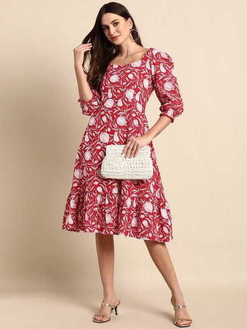 Red Cotton Floral A-line Western Dress