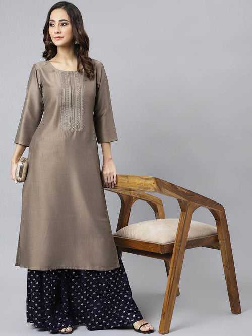 Taupe Poly Silk Solid Straight Kurta