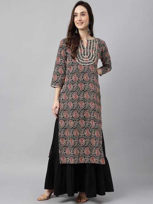 Women's Black Cotton Paisley Straight Kurta