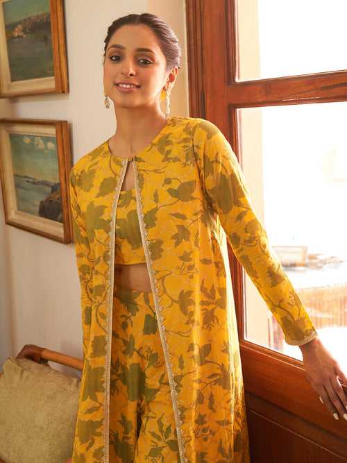 Mustard Cotton Floral Printed Crop Top with Straight Pant and Jacket