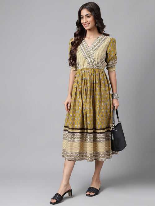 Olive Green Cotton Floral Printed Gathered Dress