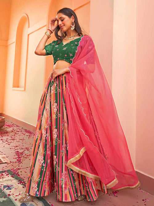 Multicolor Crepe Silk Digital Floral Printed Lehenga Choli Dupatta