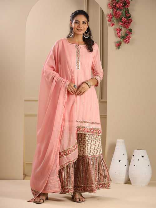 Peach Arth Cotton Embellished Kurta with Sharara and Dupatta