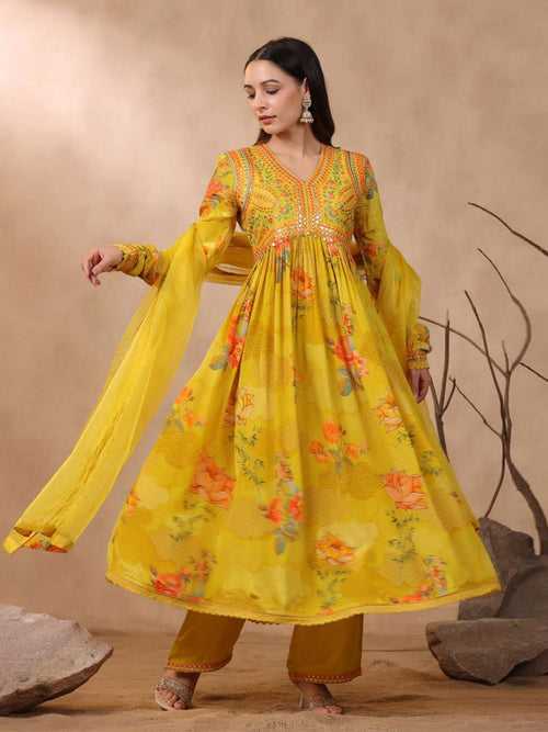 Mustard Viscose Muslin Embellished Kurta with Pant and Dupatta