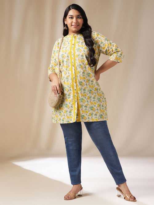 Plus Size Cream Cotton Floral A-Line Tunic