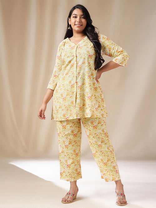 Plus Size Off White Cotton Floral A-Line Co-ord Set