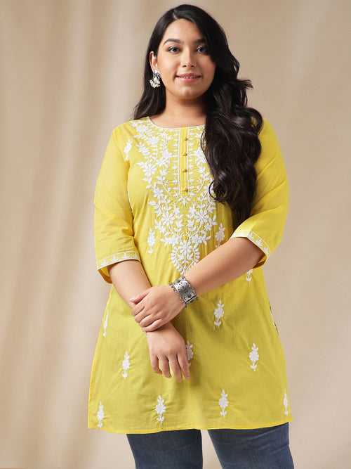 Plus Size Yellow Cotton Chikankari Regular Tunic