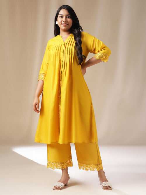 Plus Size Yellow Muslin Solid Pleated Kurta Set