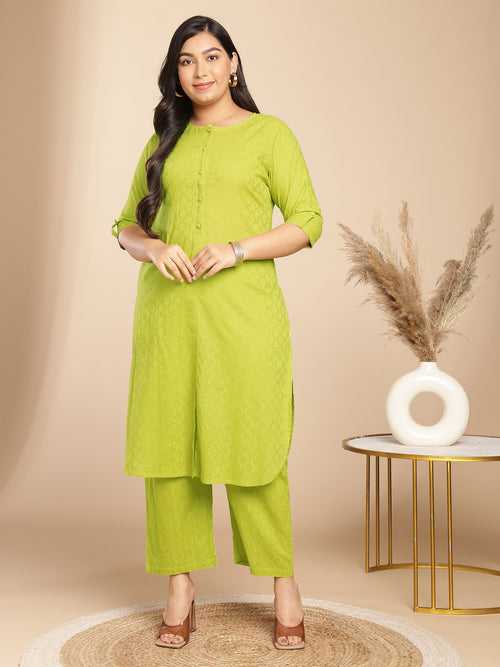 Plus Size Lime Green Cotton Jacquard Self Design Regular Co-Ord Set