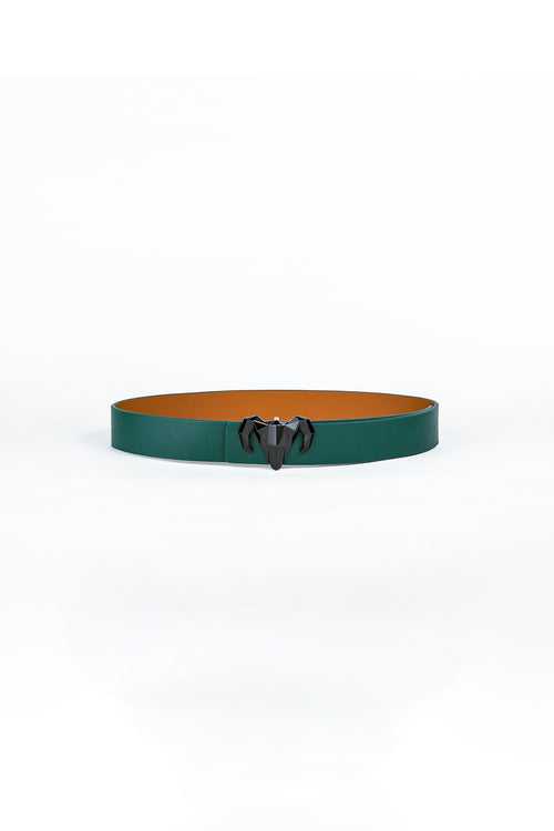 Italian Leather Ram Buckle Reversible Belt – Green and Brown