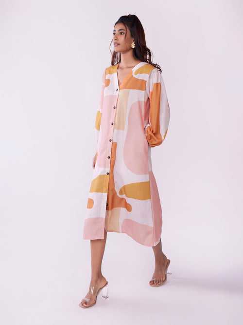 Dawn Abstract Printed V-neck Button-Down A-line Dress