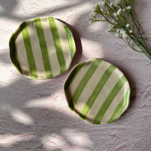 Green Stripe Ceramic Plates Set of 2