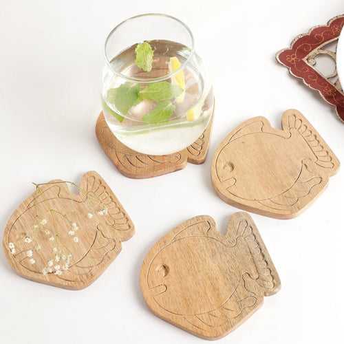 Fish Engraved Wooden Coasters Set of 4