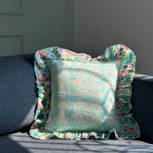 Ice Blue Floral Ruffle Cushion Cover