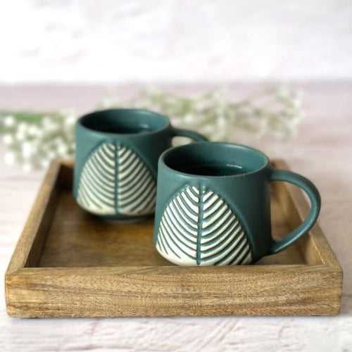 Leafy Green Coffee Cup Set of 2 with Wooden Tray