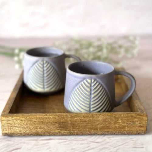Leafy Lavender Coffee Cup Set of 2 with Wooden Tray