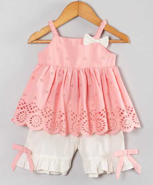 Schiffli infant coordinate set with white shorts-Pink