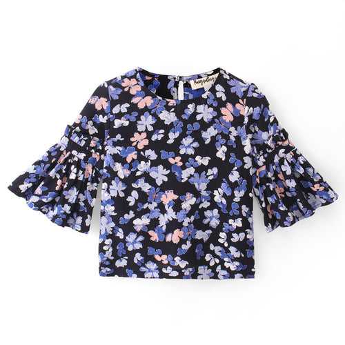 Flower print Cotton top with round neck and bell sleeves-Navy