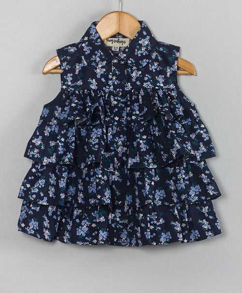 Floral print Cotton top with multi frills at front-Navy