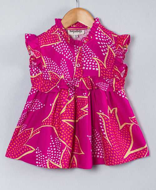 Big leaf print top with frill along the yoke-Bright pink