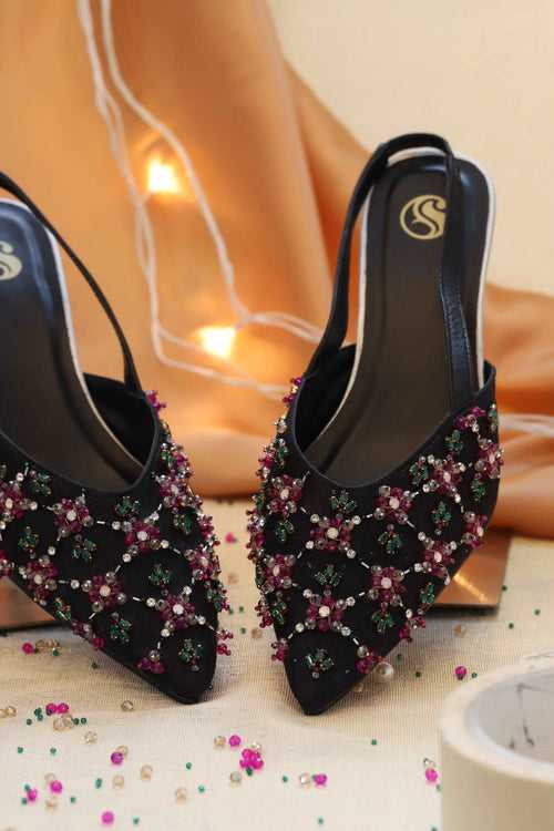 Dhruvi Designer Embroidered Mules for Women in Black - Style and Comfort