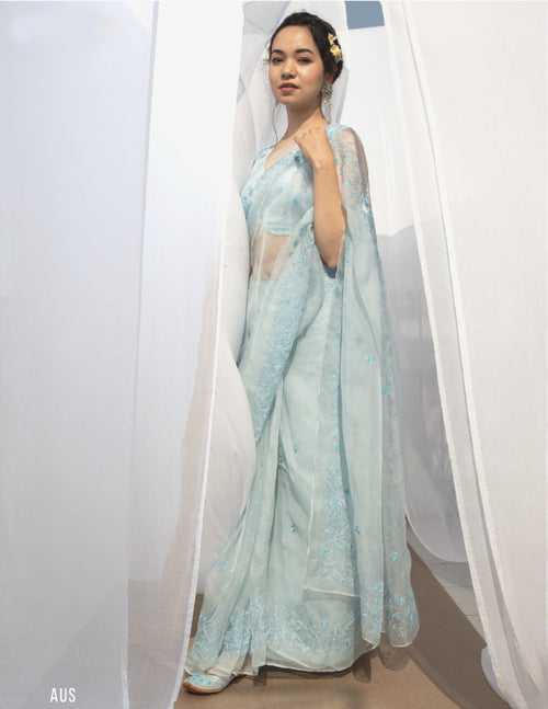 Aus Designer Blue Silk Saree in Pure Organza