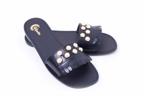 Akoya Black Sliders for Ladies - Stylish Comfort with White Pearls