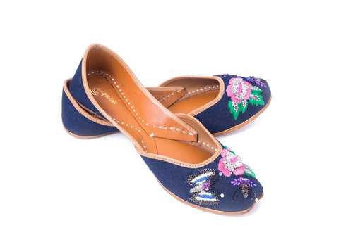 Butterfly Bliss Jutti - Handcrafted Denim Blue Base with Embroidered Flower and Sequin Butterfly