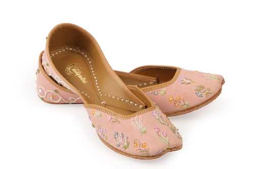 Pristine Pink Jutti - Blush Pink Suede with Resham - Beads - Cutdana - and Crystals