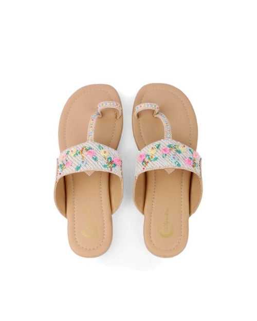 Timeless Florals Kolhapuri - Tan Sole with Fine Crystals