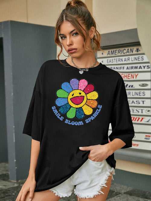 Women Oversized Round Neck Drop Shoulder Printed Cotton T-Shirt