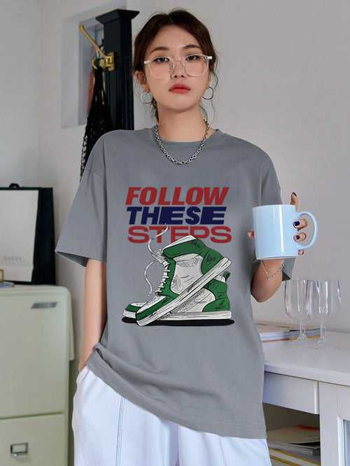 Women Oversized Round Neck Drop Shoulder Printed Cotton T-Shirt