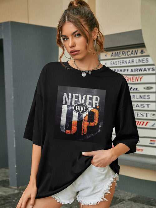 Women Oversized Round Neck Drop Shoulder Printed Cotton T-Shirt