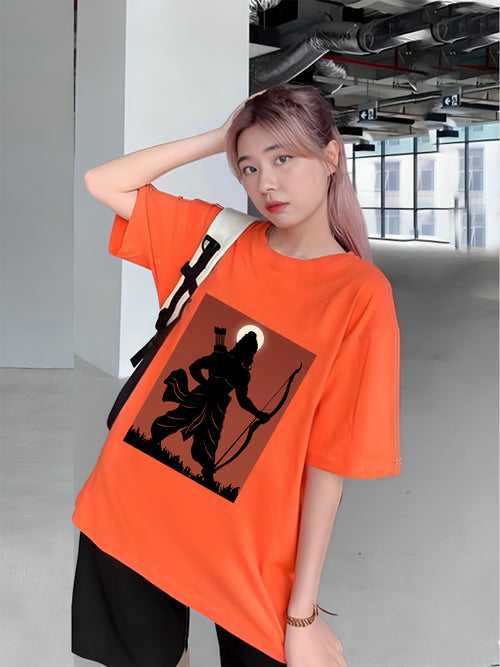 Women Oversized Round Neck Drop Shoulder Printed Cotton T-Shirt