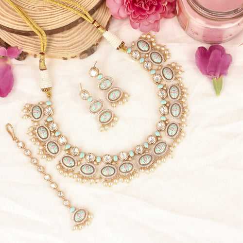 Kundan Beaded Sky Blue Necklace Set - SIA428113