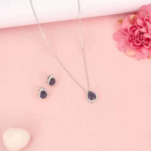 CZ Purple Tear Drop Pendent Set - SIA428317