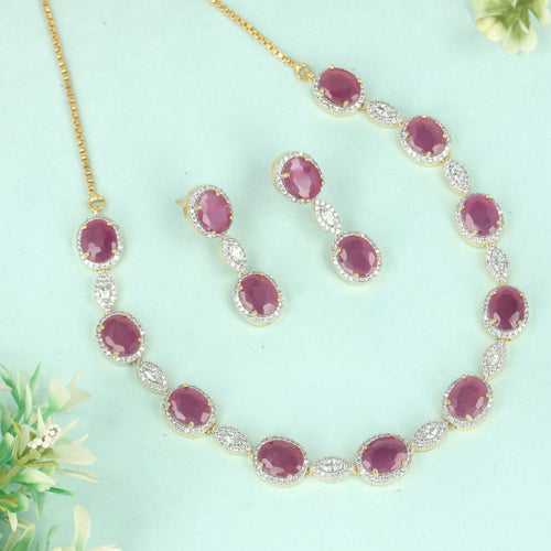 CZ Antique Simple Oval Pink Necklace Set - SIA428703